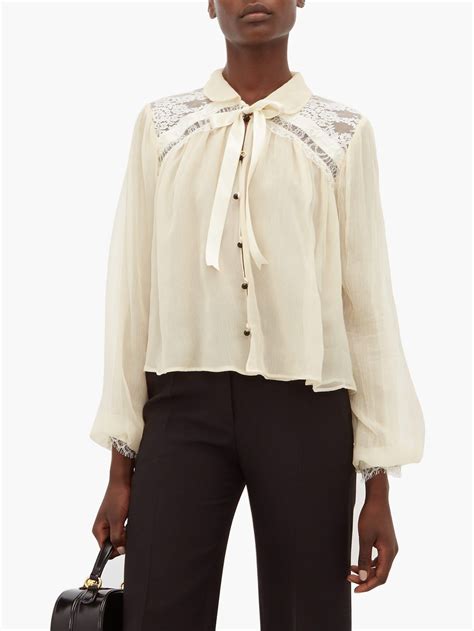 gucci blouse white red blue silk|Gucci chiffon blouse.